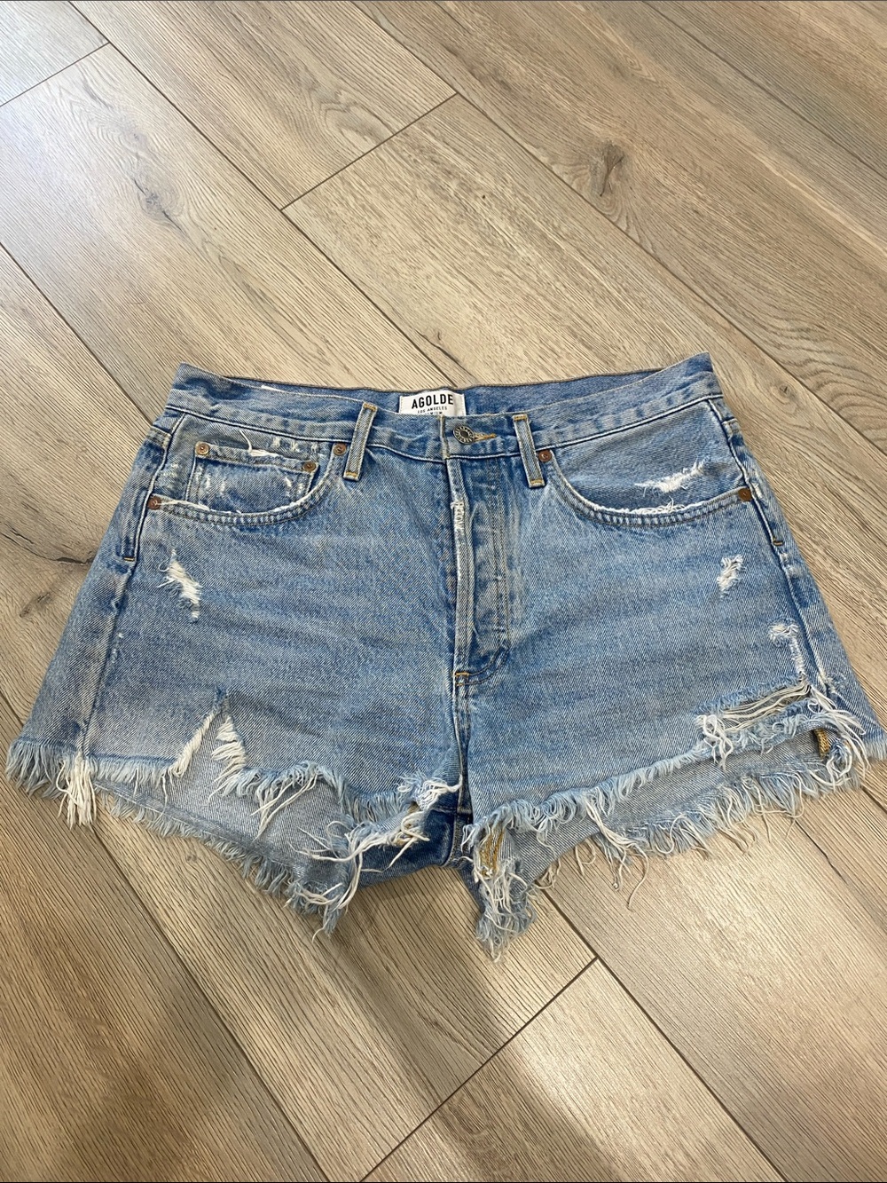 Agolde Parker Light Blue Distressed Frayed Hem Jean Shorts